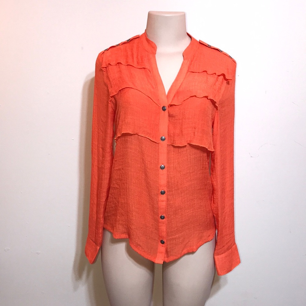 Orange Button Down Button Accent Ruffle Blouse - image 1